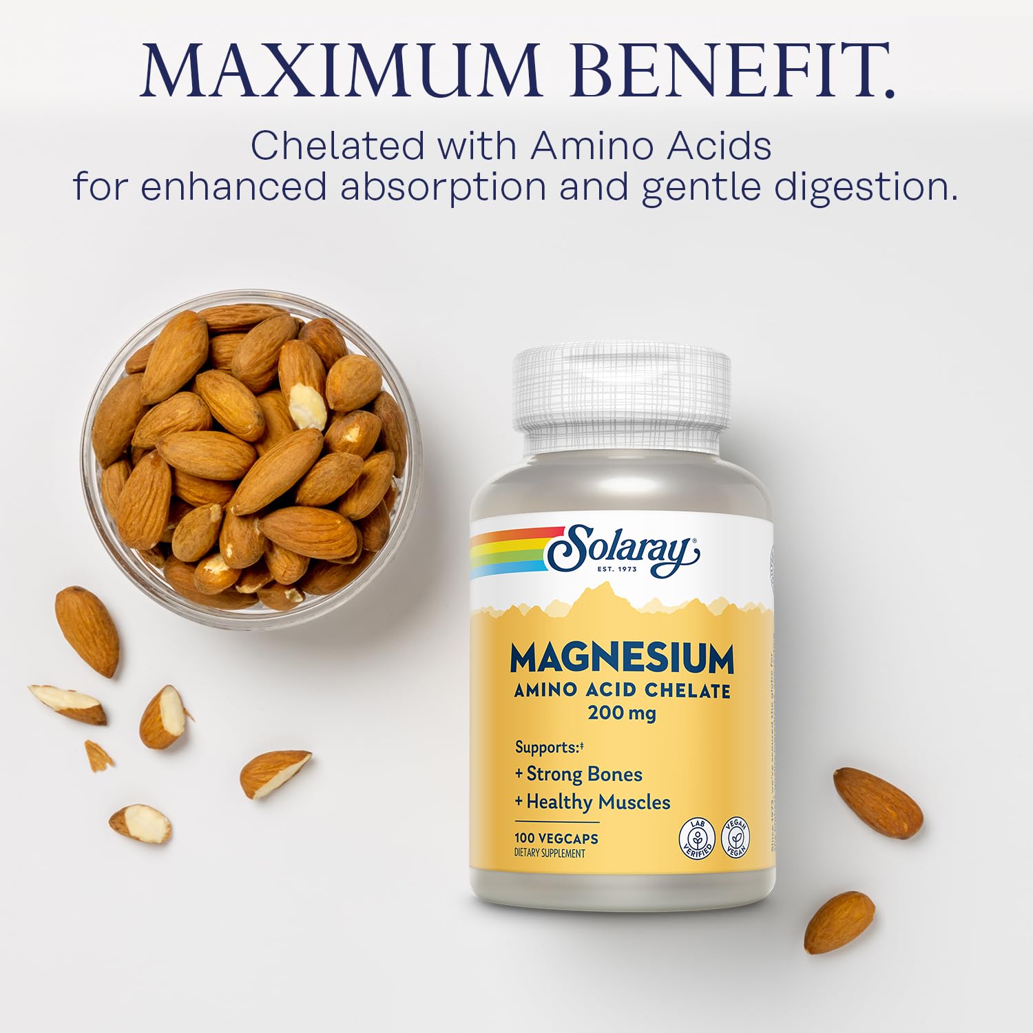 SOLARAY Magnesium Amino Acid Chelate 200 mg, Chelated Magnesium Supplement for Bone Health, Heart Health and Muscle Function Support, Vegan, 60-Day Money Back Guarantee, 100 Servings, 100 VegCaps