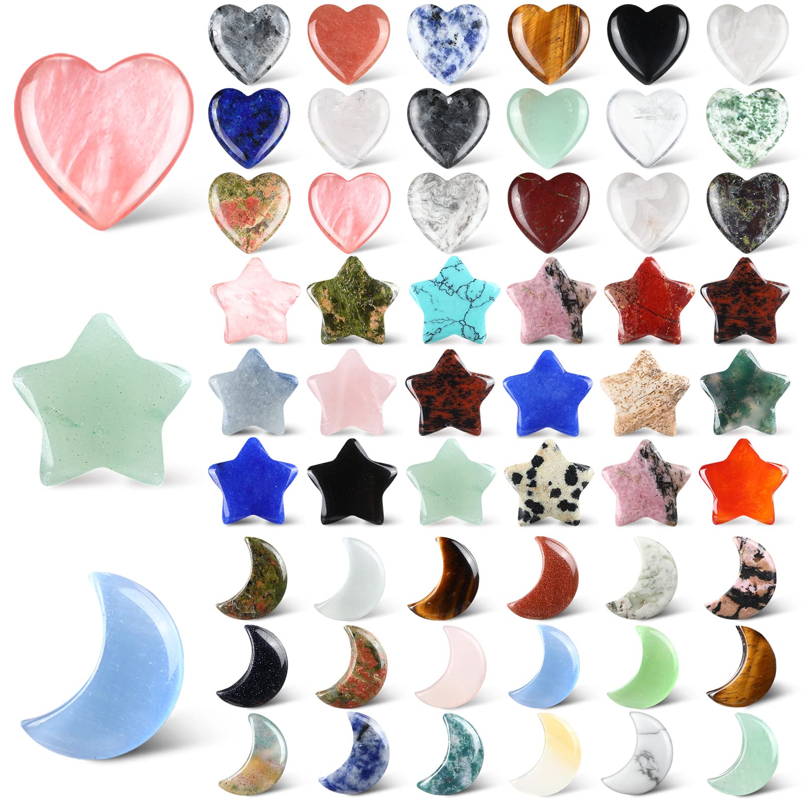 Photo 1 of Nuenen 54 Pcs Worry Stones Bulk Heart Moon Star Natural Crystal Stone Tiny Healing Crystals Gemstones Assorted Thumb Quartz Crystal Rock for Mother's Gift Meditation Balancing(Vivid Color)