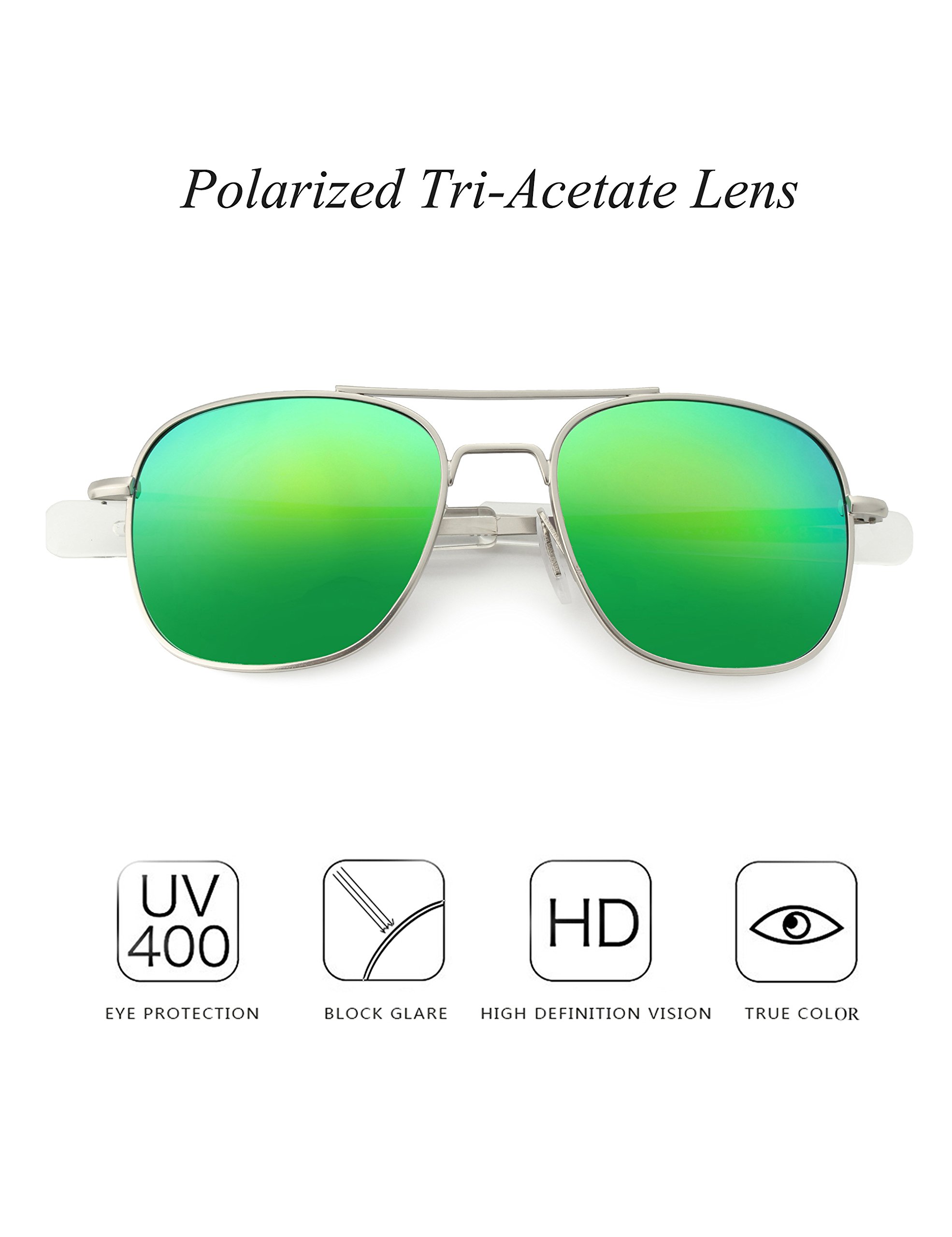 WELUK Men\'s Pilot Aviator Sunglasses Polarized 55mm Military Style with Bayonet Temples (Silver/Green, 55)