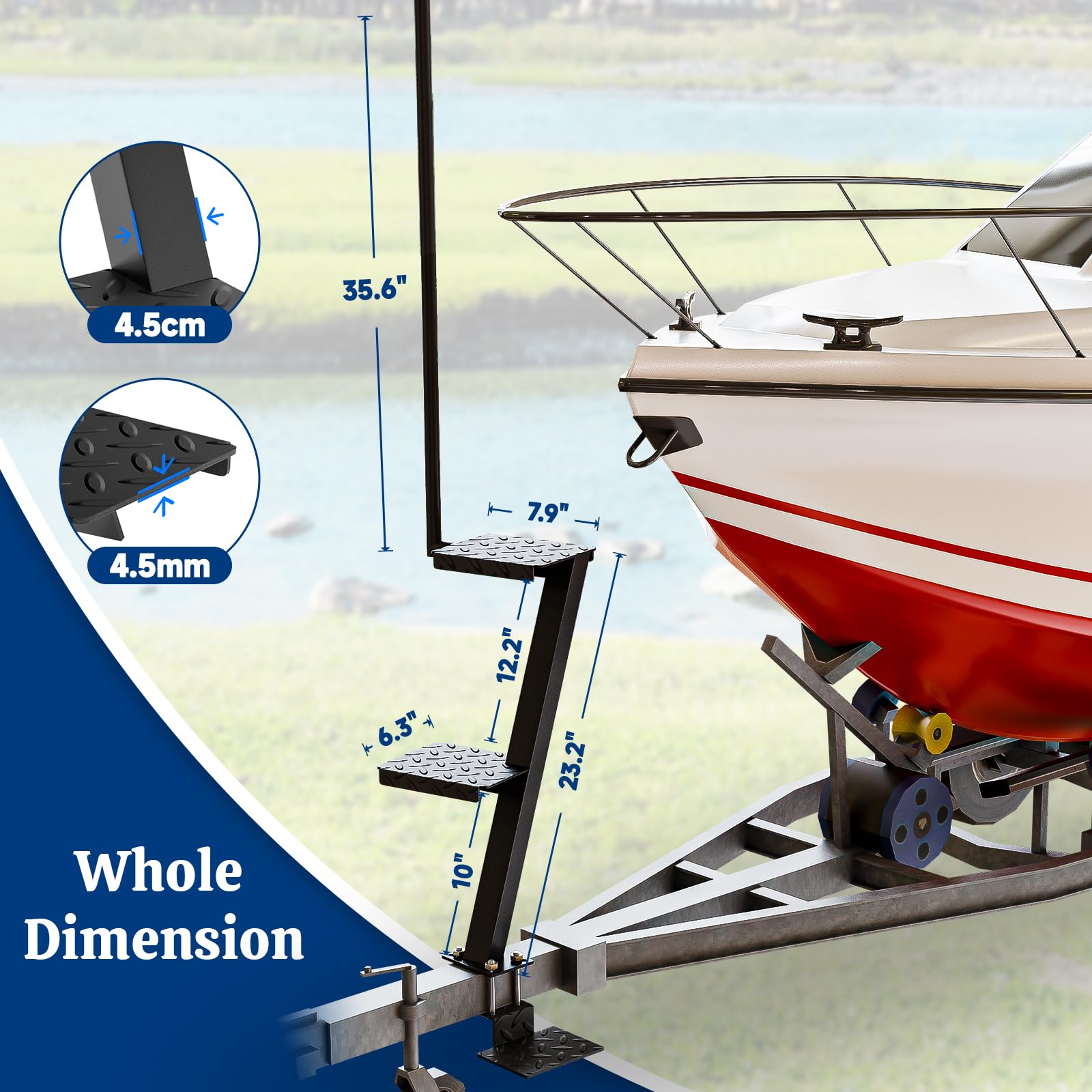 Sliandtelly Boat Trailer Step with Handle - Heavy Duty Anti-Slip, Rust-Proof Boarding Steps for Front Tongue Frame, Easy Install with Mounting Hardware Fits Bass & Pontoon Boats