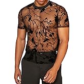 WDIRARA Men's Floral Print See Through Round Neck Short Sleeve Mesh Tshirt Party Top