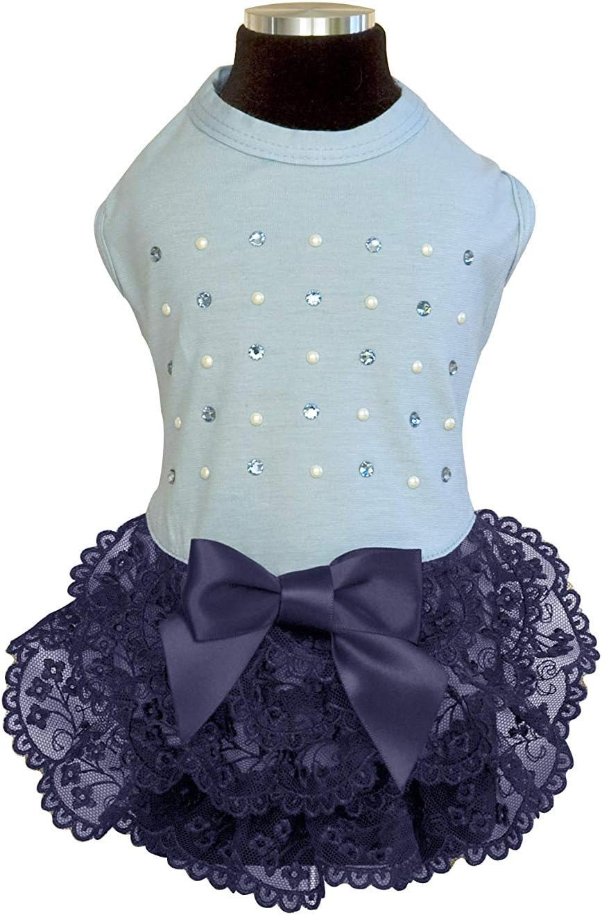 Trilly All Brilli Elvira Jersey Dress with Lace Frilles, Swarovski Stones and Pearls, Light Blue, XS, azure