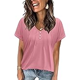 Micoson Women's V Neck T Shirts Short Sleeve Shirts Summer Blouses Pleated Button Tunic Tops Dressy Casual