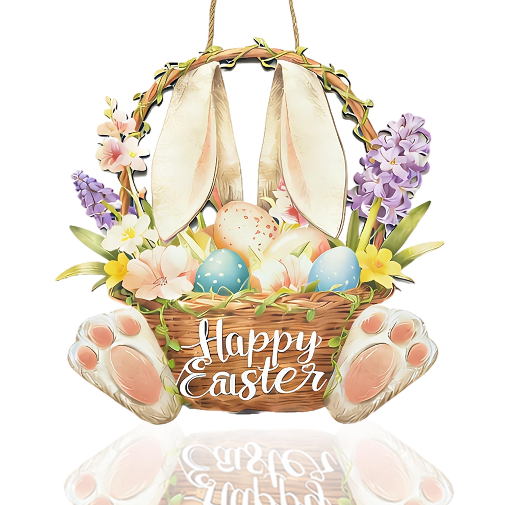 Easter Wreaths for Front Door Bunny Welcome Wood Sign Door Hanger,Spring Decorations,11.62-inch Easter bunny ornament,Happy Easter Door Decorations,long-eared bunny flower basket door knocker(1pcs)