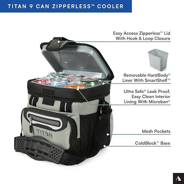 TITAN BY ARCTIC ZONE ZIPPERLESS SOFT SIDED COOLER WITH HARDBODY LINER AND SMARTSHELF, INSULATED BAG WITH SHOULDER STRAP FOR LUNCH AND TRAVEL, 9 CAN CAPACITY, SEAGRASS