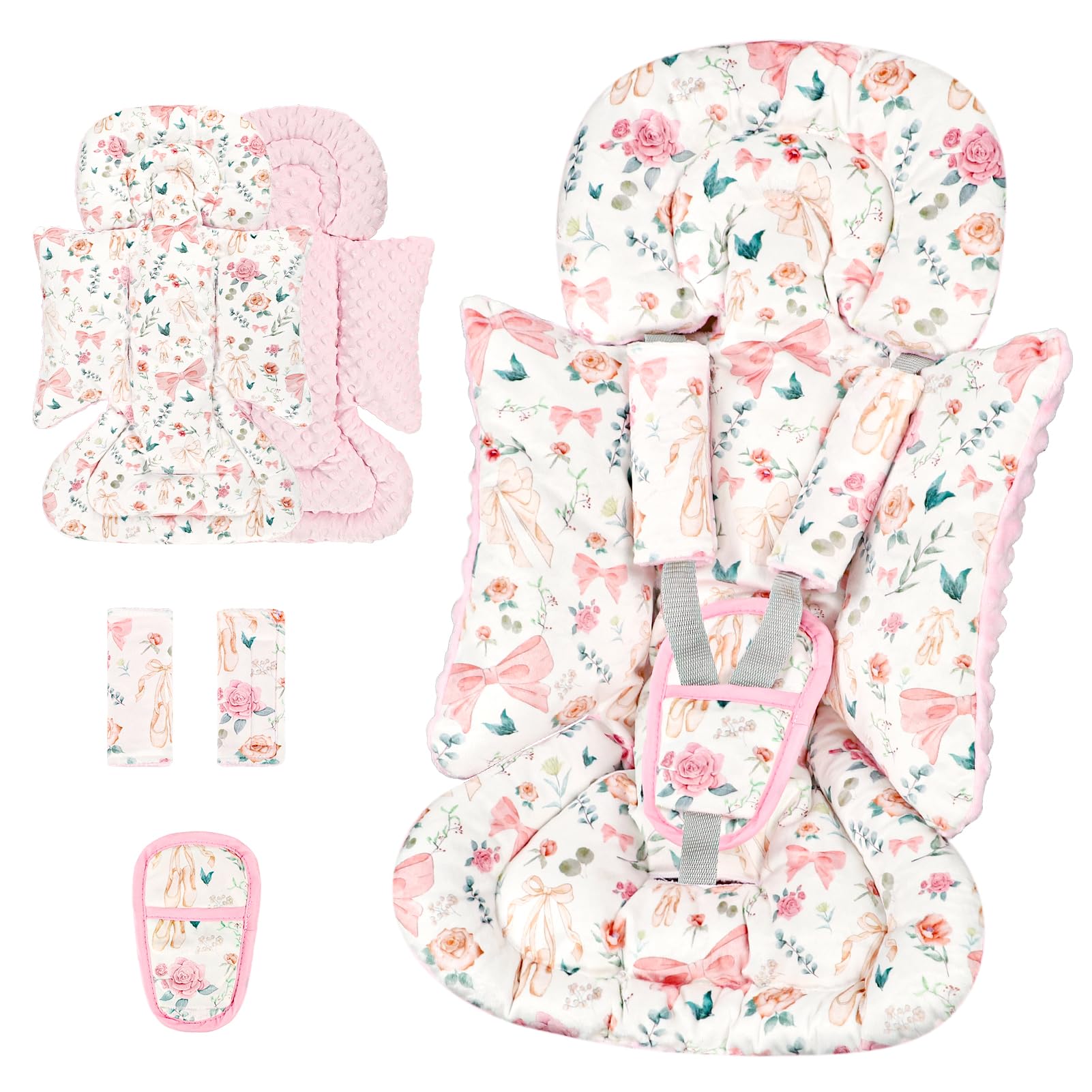 Photo 1 of 3-in-1 Infant Car Seat Insert, Soft Head and Body Support,Ultra & Strap Covers Set, Reversible Newborn Car Seat Cushion Pad for Baby Boy & Girl fits Stroller, Swing, Bouncer (Pink Bow)