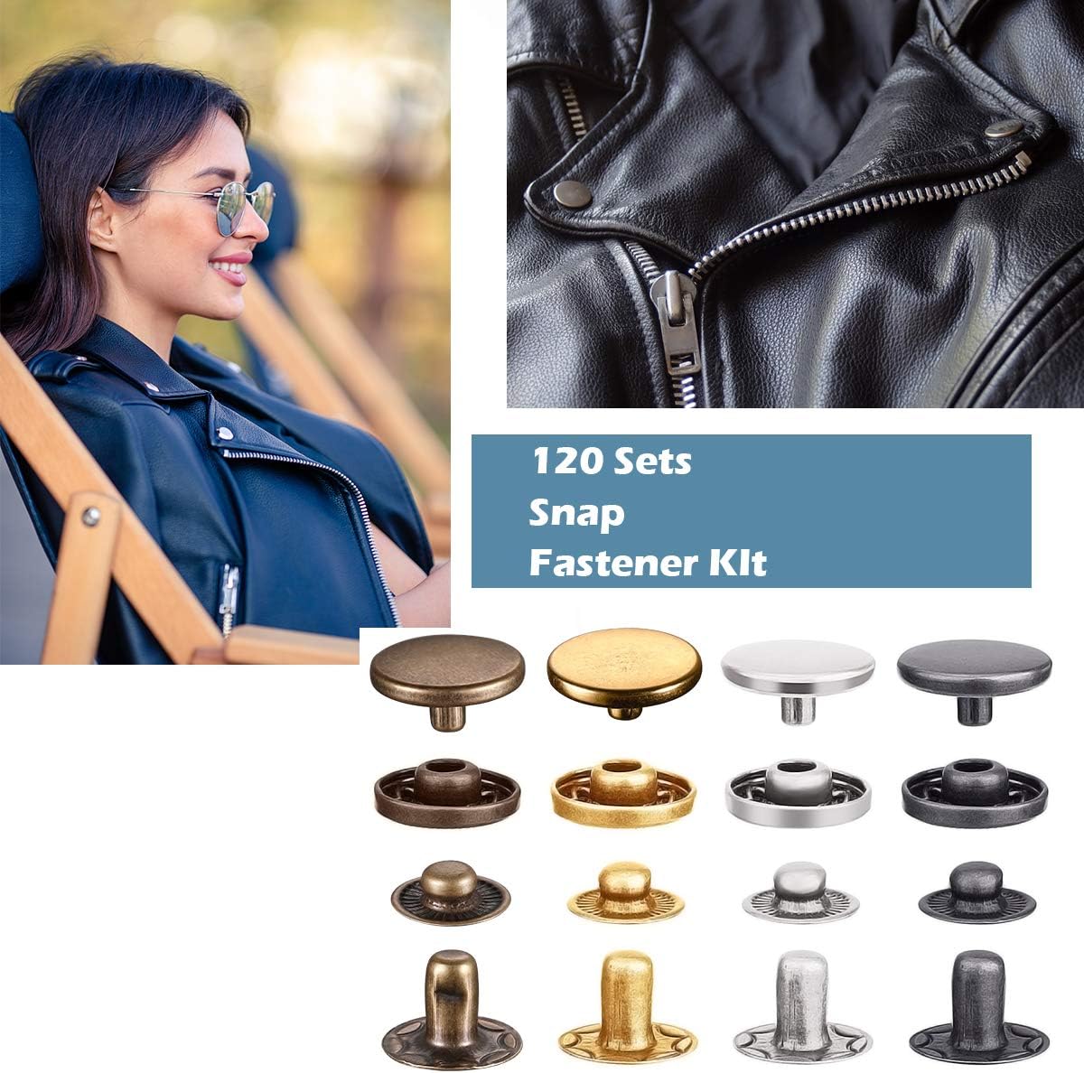 Leather Snap Button Fasteners Kit - Happon 120 Sets Metal Snap Kit with Punch Hole Pliers Press Rivets Repair Tool for Sewing Clothing Jeans Jacket - 4 Colors Snaps Studs Replacement