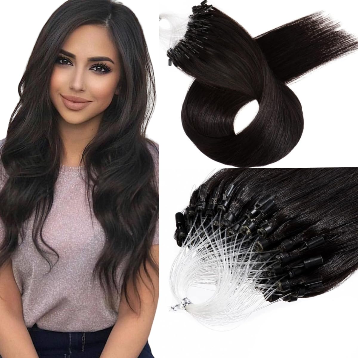 Real Human Hair Nano Extensions 0.5g/s 100s Silky Straight Micro Beads Hair Extensions Remy Virgin Loop Hair Extensions(14 inch, #1B Natural Black)