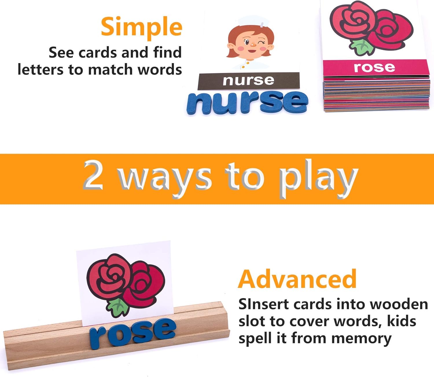 Conzy Educational Toys Gifts for Kids 3 4 5-7 Year Old, Preschool Toy for Learning Spelling Activities, Montessori Toys for Toddlers Boys Girls (78 Wooden Letters, 50 Picture Word Cards)