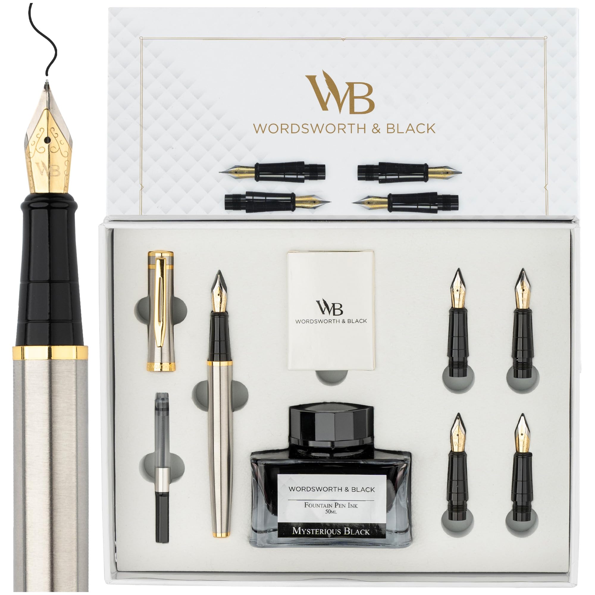 Wordsworth & Black Fountain Pen Gift Set, Includes Ink Bottle, Ink Refill Converter, 5 Replacement Nibs, Silver, Gold
