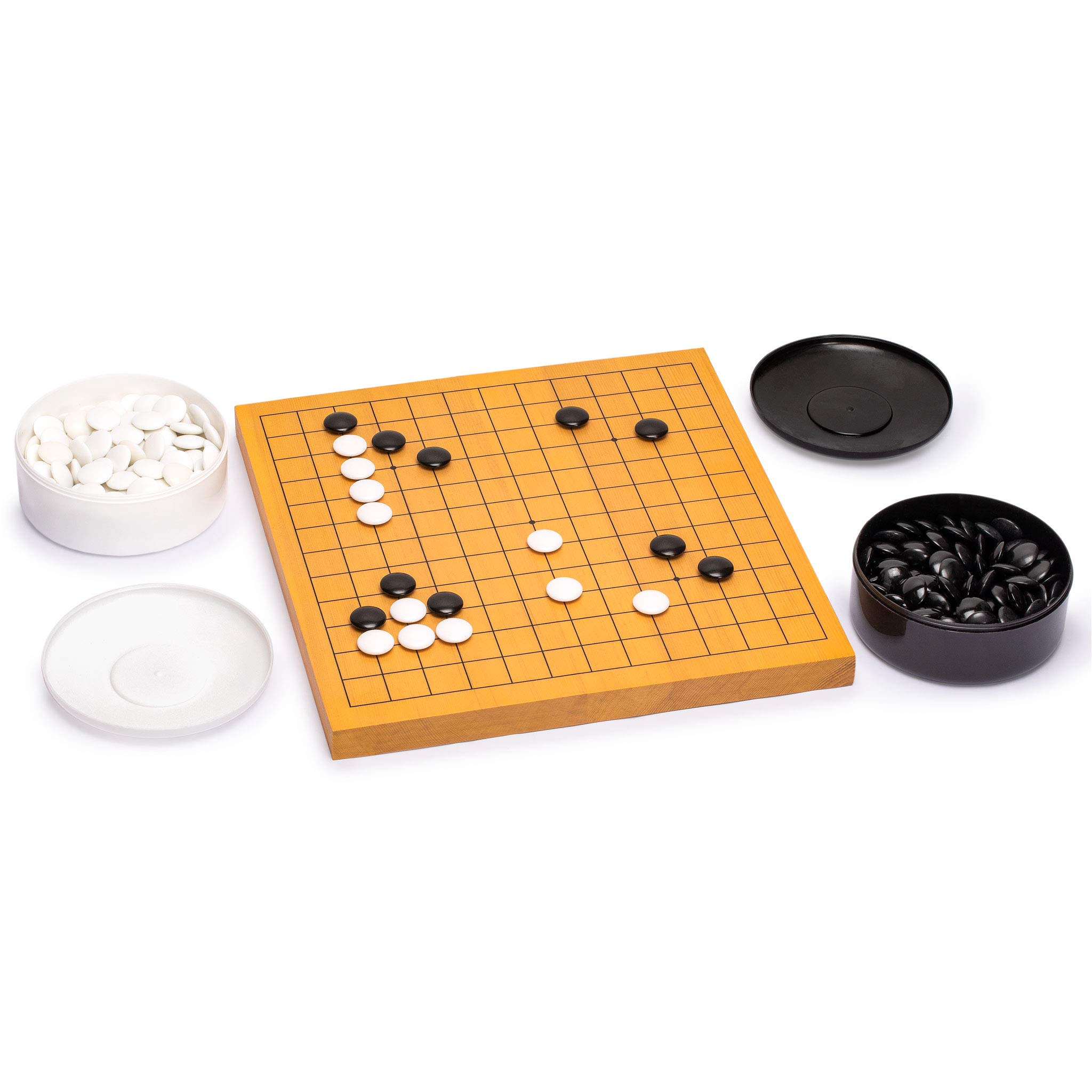 Photo 1 of Yellow Mountain Imports Shin Kaya Beginner's Reversible 13x13 / 9x9 Go Game Set Board (0.8-inch) with Double Convex Melamine Stones - Classic Strategy Board Game (Baduk/Weiqi)