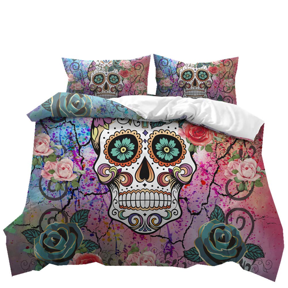 Newest 3D Skull Bedding Set Floral Pink Black Color Duvet Cover