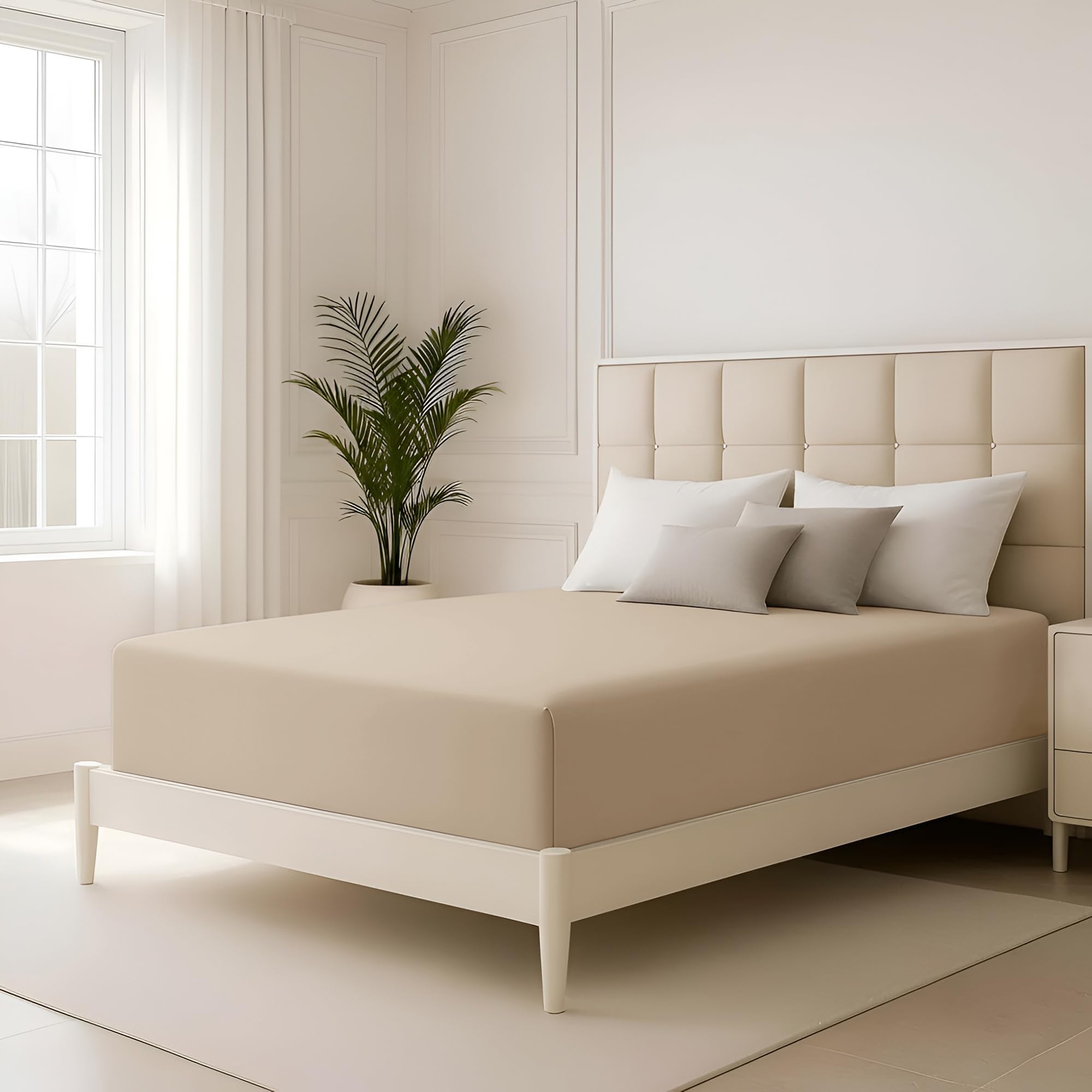 Hafaa King Size Fitted Sheets 40 Cm Extra Deep Pocket Beige Bed Sheet Soft Brushed Microfiber Fabric Elastic Corners Breathable Shrinkage Fade-Resistant Bedsheets — image 1