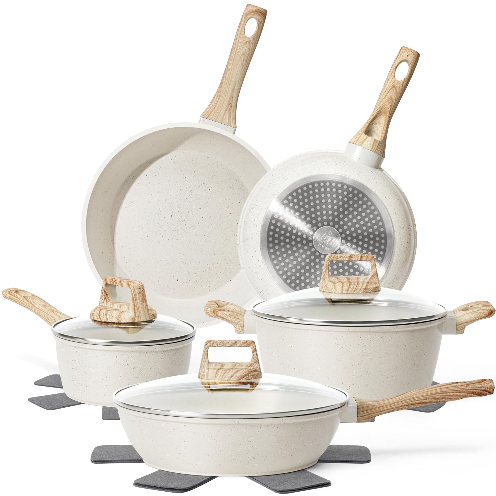 Photo 1 of *** ONLY a small pot and a medium lid *****SODAY 12 Pcs Pots and Pans Set Non Stick, Cookware Sets White Granite Induction Cookware, Non-toxic Healthy Nonstick Kitchen Cooking Set with Frying Pan Set, Saucepans (PFAS/PFOA/PFOS Free)