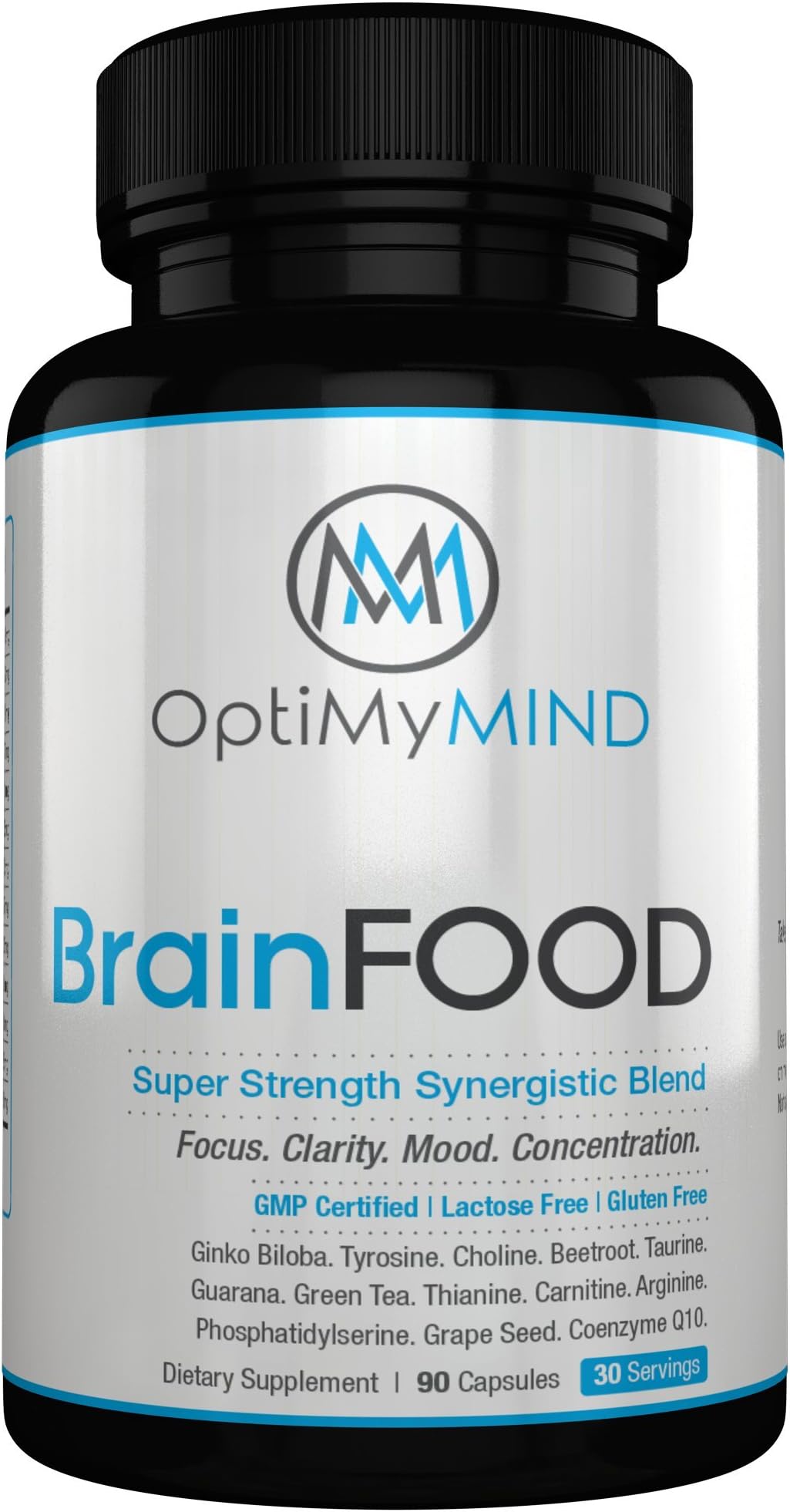 Brain Food Dietary Supplement by OptiMyMIND | Nootropic Supplement For Focus, Clarity, Mood & Concentration | Blend of 12 Natural Ingredients | GMP Certified | Lactose Free | Gluten Free | 90 Capsules