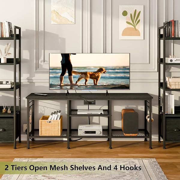 FUROLOGEE TV STAND WITH POWER OUTLETS, ENTERTAINMENT CENTER WITH OPEN STORAGE SHELVES FOR TVS UP TO 55 INCH, MEDIA CONSOLE TABLE WITH SOUNDBAR SHELF FOR LIVING ROOM, BEDROOM, BLACK OAK