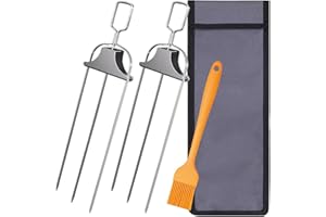 Chuanke 3-Prong Stainless Steel Skewers for BBQ Grilling with Push Bar Slider Easy Food Removal - 2pcs skewers, a basting brush and storage bag