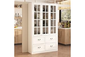 FAMAPY Pantry Cabinet Kitchen Storage Cabinet with 4 Drawers & Glass Doors, Kitchen Pantry with Adjustable Shelves, for Kitchen Living Room Hallway White (47.2”W x 15.7”D x 78.7”H)