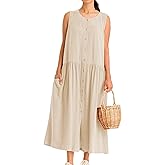 Bozanly Summer Sleeveless Maxi Dress for Women Button Down Midi Dresses with Pockets Solid Color Loose Flowy Beach Dress 2025