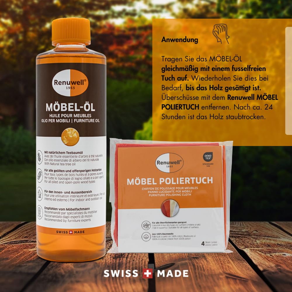 Renuwell Möbel-Öl Leinöl-Firnis, 270 ml – Natürliches Pflegeöl für Holz mit Leinöl und Teebaumöl, Schutz für geölte und unbehandelte Holzoberflächen in Schweizer Qualität 4