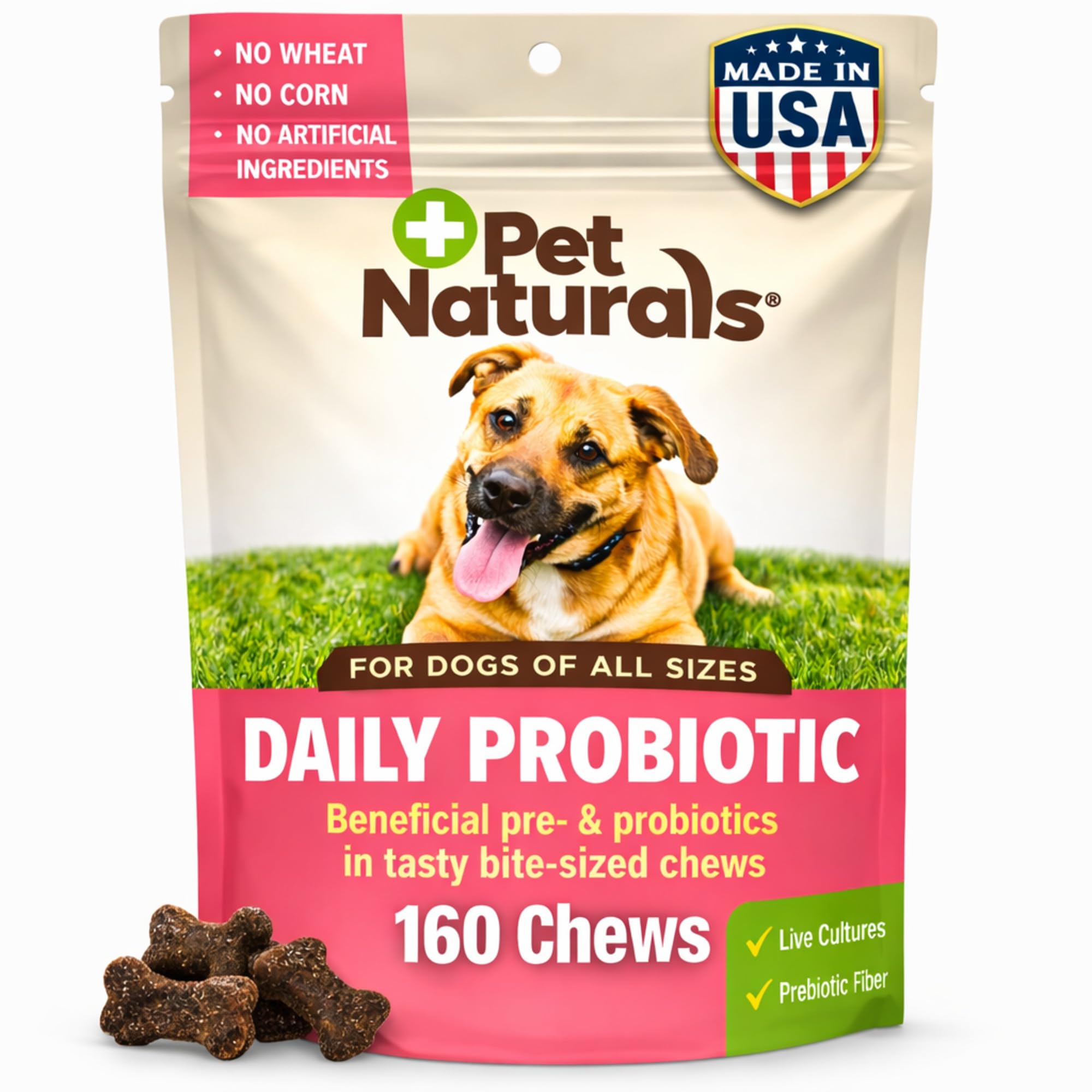 Pet Naturals Daily Probiotic for Dogs, Duck Flavor, 160 Chews - 120M CFUs Pre and Probiotics for Dogs Digestive Health, Gut Health, Immune Support, Diarrhea, Allergies and Itching