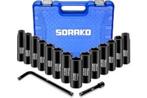 SORAKO 1/2” Impact Socket Set, 16 Piece Metric Deep Socket Set 10-24 mm,Deep Impact Socket Set with Extension Bar & L Handle 6 Point Cr-V Steel Drive Socket Set with Portable Case
