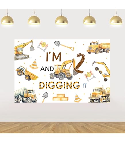 Toile De Fond Anniversaire Thème Construction - Décoration Fète Camion Pelleteuse 180x120cm Pour Enfant - Dump Truck Backdrop