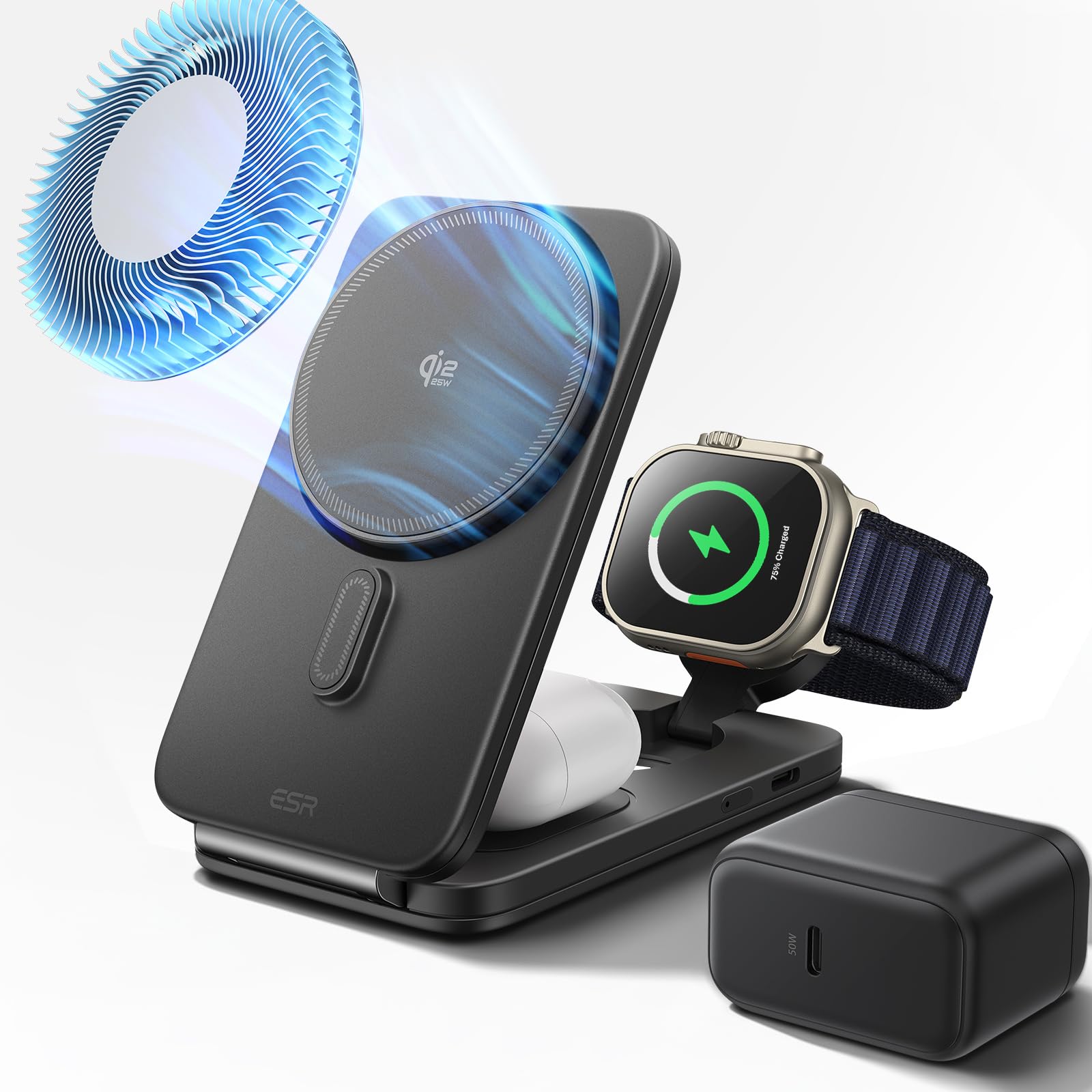 Photo 1 of ESR 3 in 1 Charging Station for Apple, Qi2.2 25W MagSafe Charger with CryoBoost, Phone-Cooling Wireless Charging Station Foldable, for iPhone 17/16 with iOS 26(50W Adapter), AirPods, Apple Watch,Black