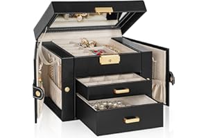 TORIBIO Jewelry Box for Women, Leather Jewelry Organizer with Mirror & Lock, 3-Tier Jewelry Storage Organizer with 2 Drawers for Girls/Women/Mothers, Necklace Earring Bracelets Holder Organizer