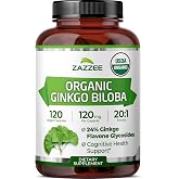 Zazzee USDA Organic Ginkgo Biloba 20:1 Extract, 120 Vegan Capsules | 24% Ginkgo Flavone Glycosides, 4 Month Supply, Memory, Cognitive &amp; Brain Health Support, All-Natural, Non-GMO, Made in USA