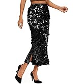 JASGOOD Sequin Skirt for Women Elastic High Waist Midi Skirt Side Slit Stretchy Sparkle Skirts for Night Out Cocktail Parties