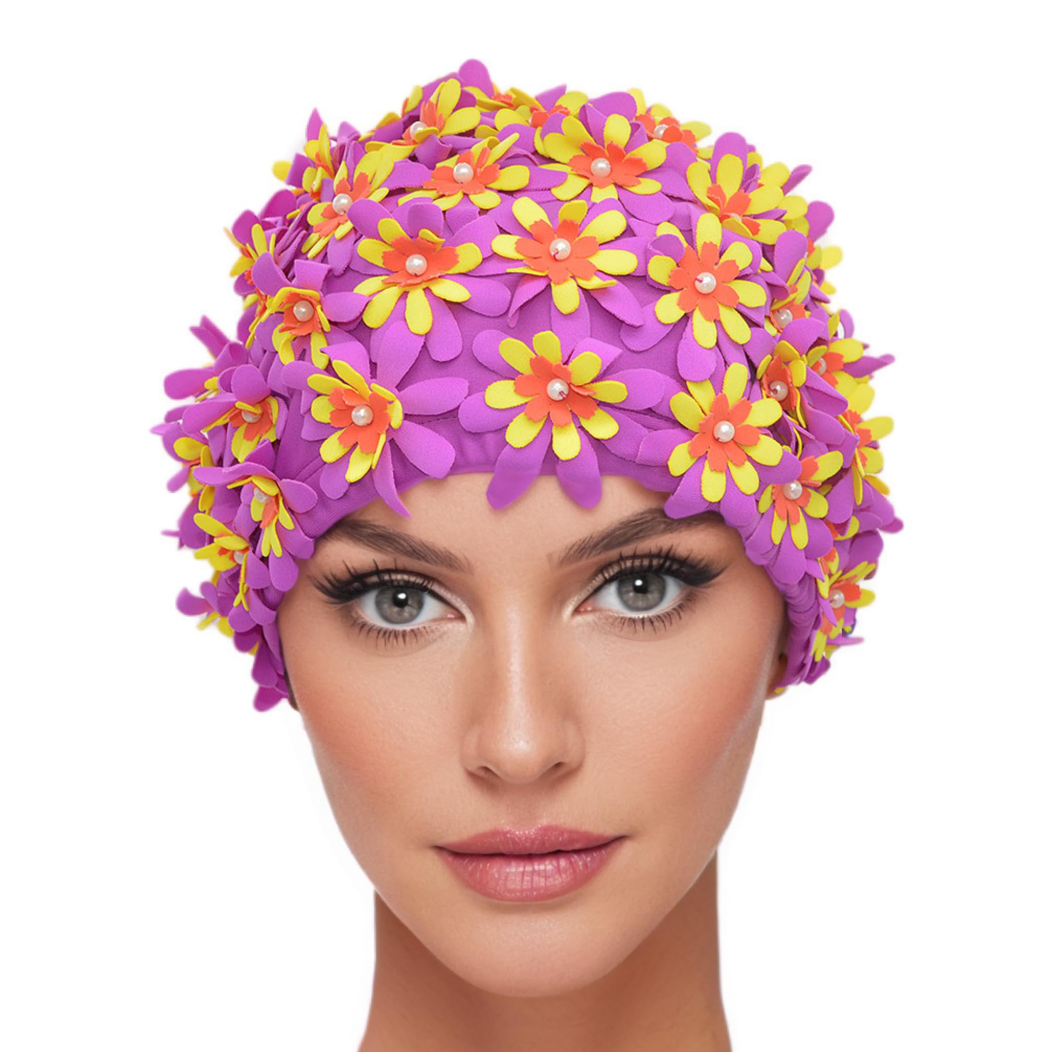 Medifier Swim cap Floral Petal Retro Style Bathing Caps for Women Purple