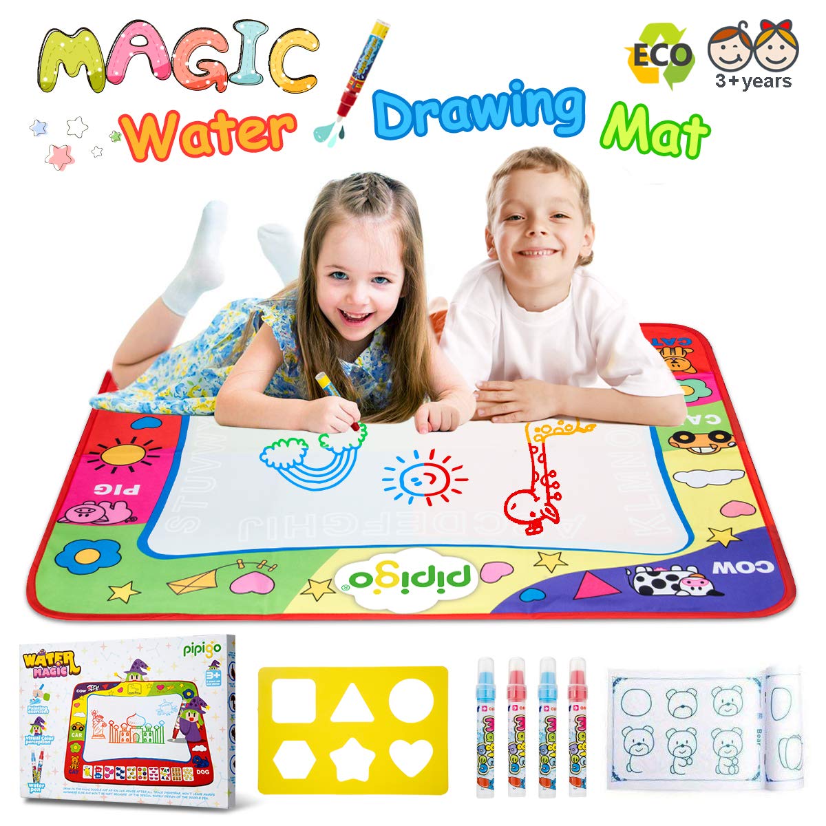 Magic Water Doodle Mats Water Drawing Mat Large 32x24in Painting Pad with 4 Pens 6 Molds Learning Educational Toddler Toys Toddler Gifts for Girls Boys Age 2 3 4 5+ Year Old Girl Gifts Boy Gifts