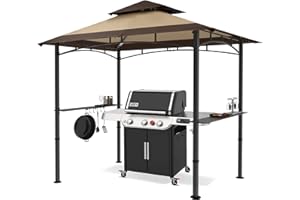 MASTERCANOPY Grill Gazebo 8 x 5 Double Tiered Outdoor BBQ Gazebo Canopy with LED Light (Brown Stitching Khaki)