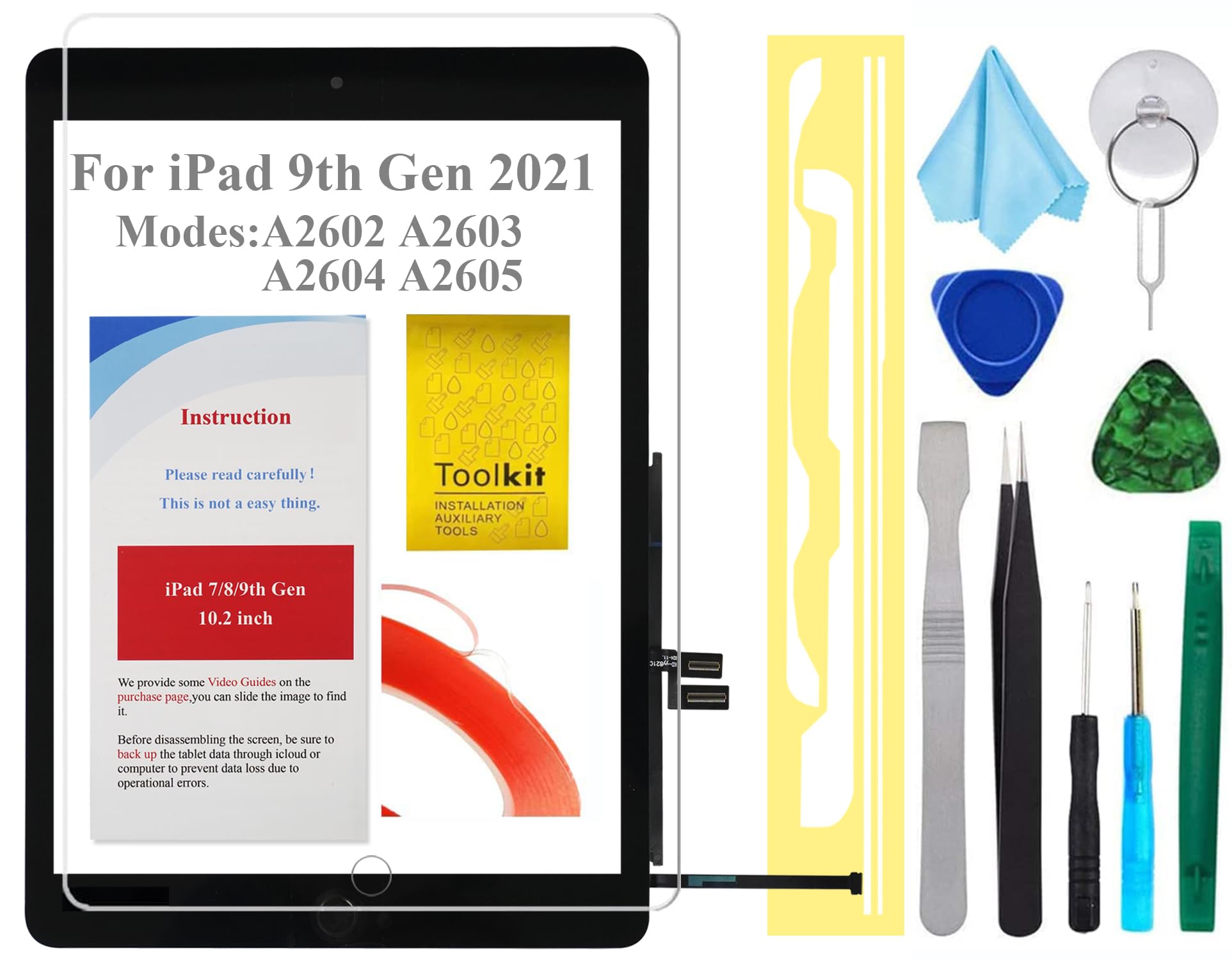for iPad 9 9th Gen Screen Replacement Digitizer 2021 10.2",T Phael for 9th Generation A2602 A2603 A2604 A2605 Without Home Button, Full Repair Kit (Black)