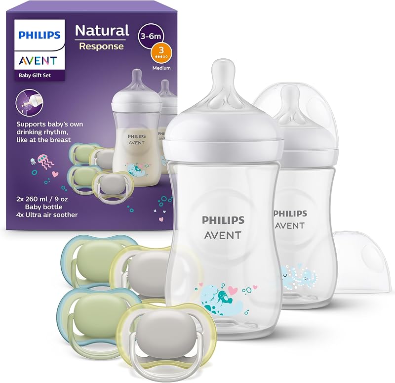 Avent Natural Response set regalo per bambini: 2 biberon Natural Response da 260 ml con tettarella flusso 3 (1m+), 4 ciucci ultra air (modello SCD837/13)