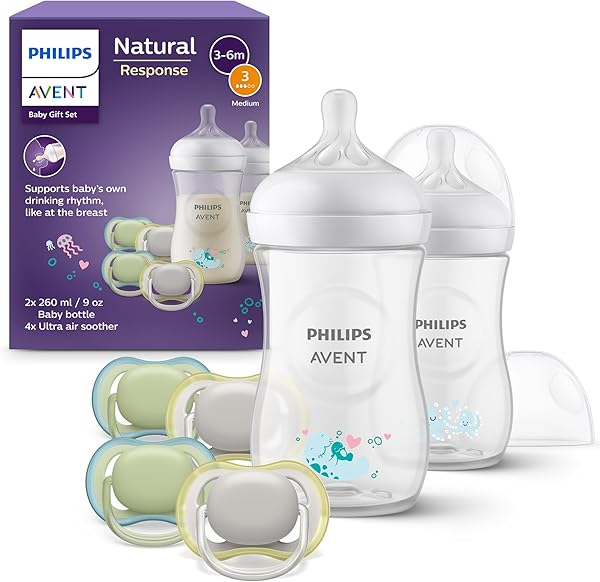 AVENT Natural Response Geschenkset für Babys: 2x Natural Response Flaschen 260 ml (ab 1 Monat), 4x ultra air Schnuller (0-6M) (Modell SCD837/13)