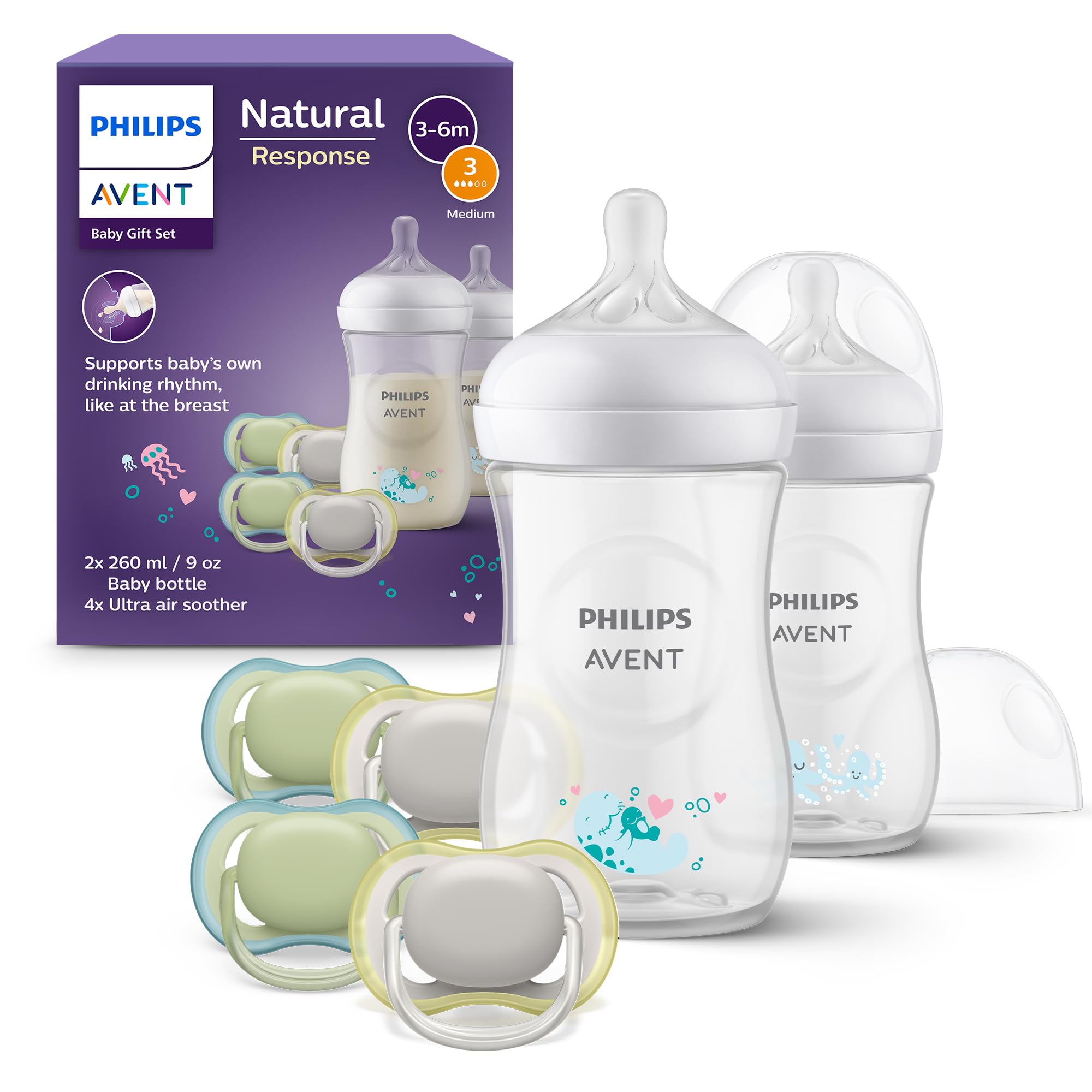 Philips Avent Natural Response Baby Gift Set: 2 Natural Response Baby Bottles 260 ml with T3 (1 m+ Teats), 4 Ultra Air Soothers (Model SCD837/13)