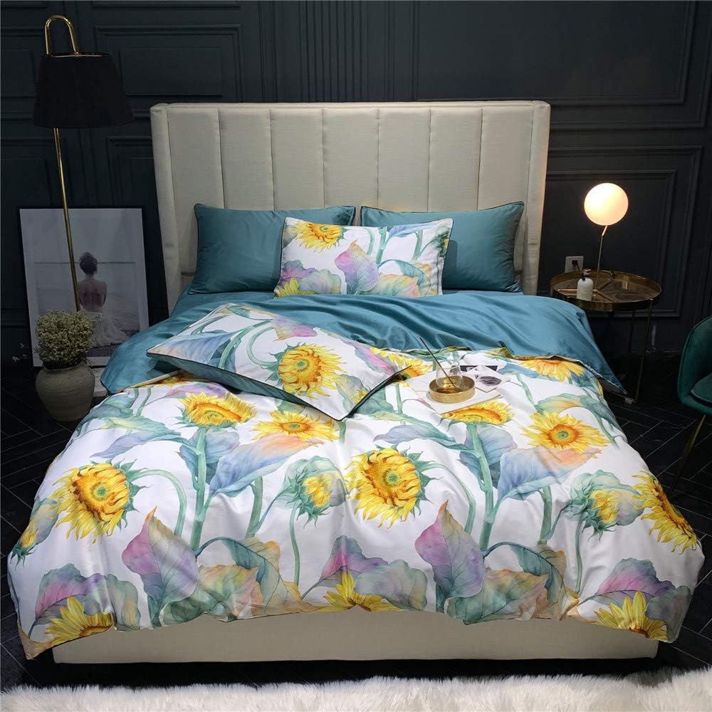 BHUSB 3 Piece Full Bedding Sets Blue Sunflower Print Kids Queen Duvet Cover Set for Girls Women Soft Cotton Floral Comforter Covers for Bedding Collection Full Zipper Closure