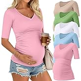 Riyiper 5 Pack Women's Maternity Shirts V Neck Half Sleeve Maternity Tops Side Ruched Casual Tee Pregnancy Clothes