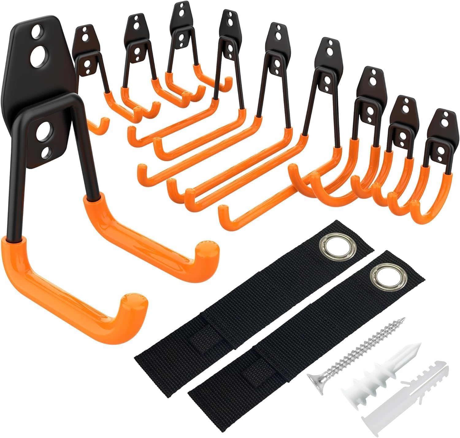 Kitmiido Steel Garage Storage Hooks - 12 Pack Anti-Slip Coating, Heavy Duty Wall Mount Hooks for Hanging Bike, Ladder, Garden Tools (Orange)