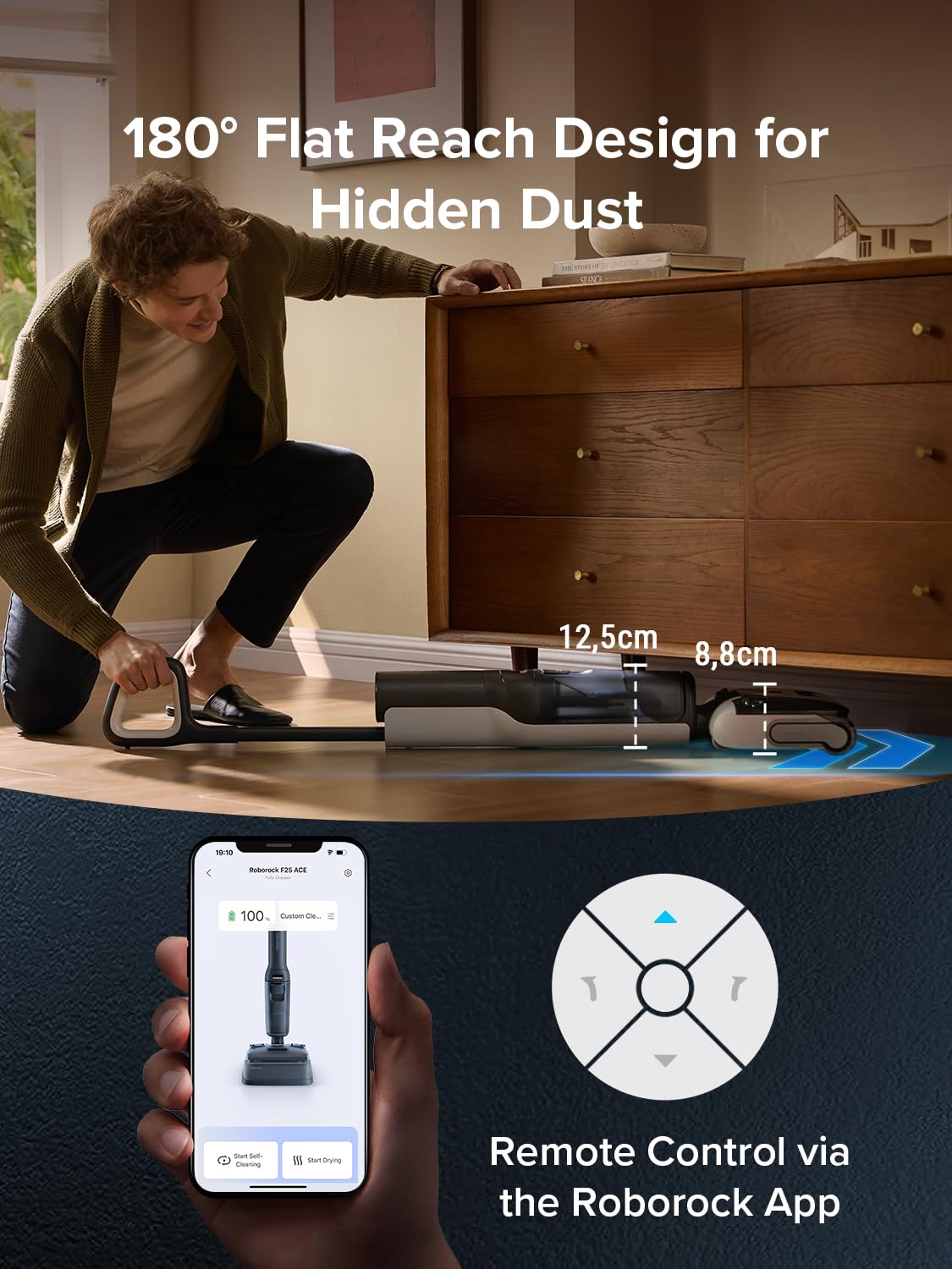 roborock F25 ACE Aspiradora en Seco Húmedo, Trapeador Aspirador Inalámbrico Todo en Uno para Pisos Duros, Limpiador de Pisos de Madera Dura 20000Pa con Cero Enredos, Trapeador Eléctrico de Secado por Aire Caliente de 194°F, 180° Acostado, WiFi