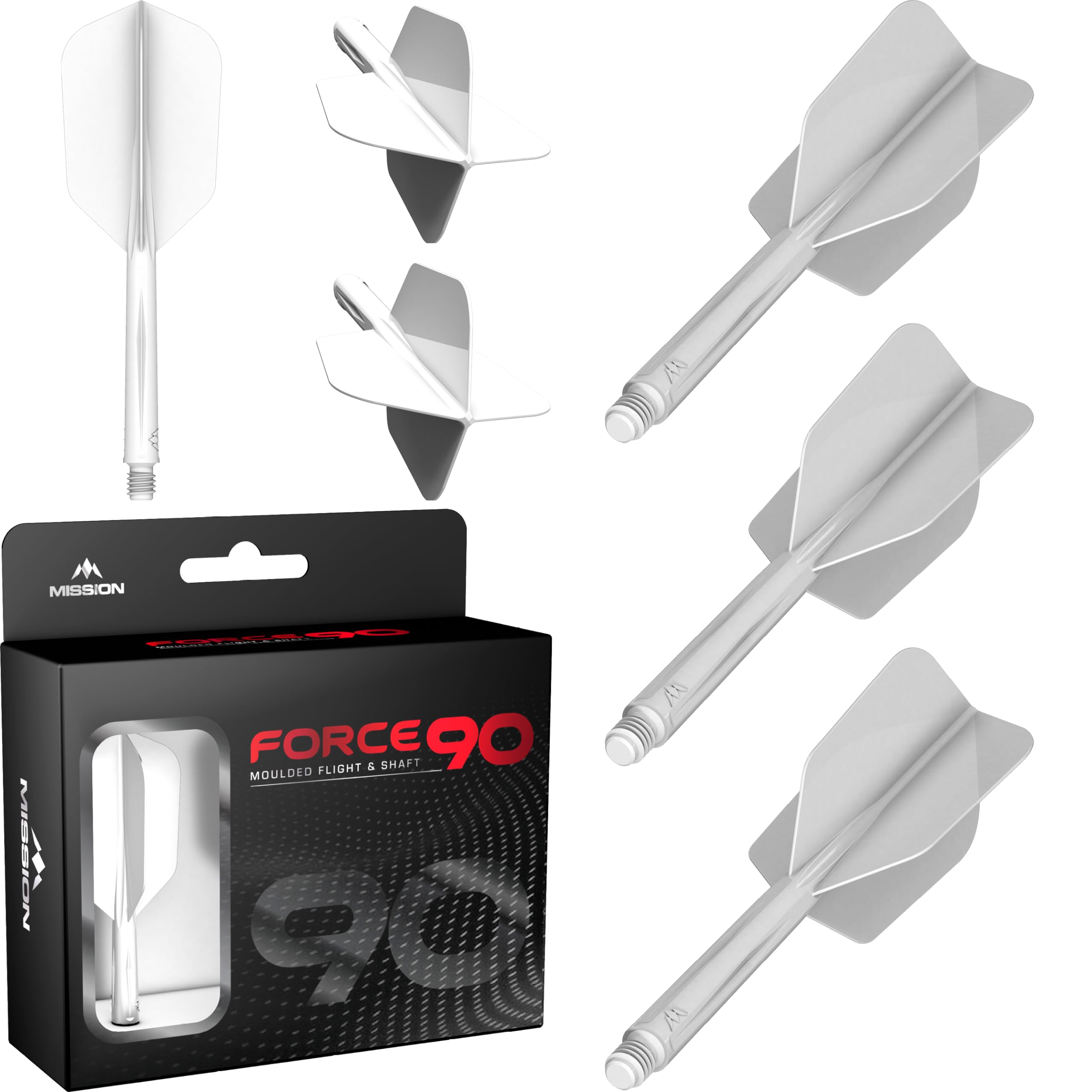 Mission Darts Force 90 | Integrated Precision Moulded Dart Flight And Shaft System, Pack of 3 Professional Highly Durable 2-In-1 Combined Dart Flights And Stems | Slim (White, Short)