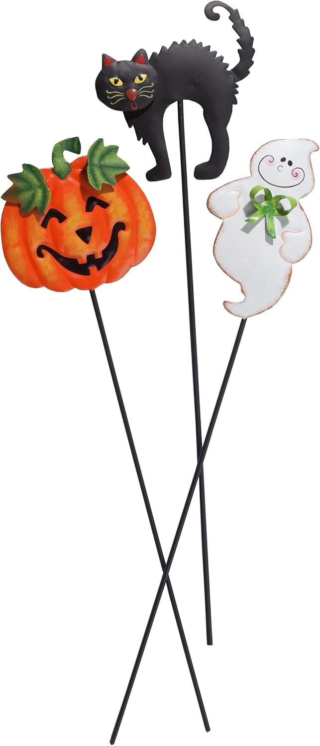Decorative Garden Stakes - Metal Jack O-Lantern, Black Cat and Ghost Ground Stakes, Patio Halloween Decorations by Fox River Creations, Set of 3
