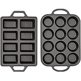 Flavehc Cast Iron Muffin Pans 12 Cup and Cast Iron Mini Loaf Pans 8 Cavity Regular Size Cupcake Pan Pre-Seasoned Loaf Pans Molds for Baking