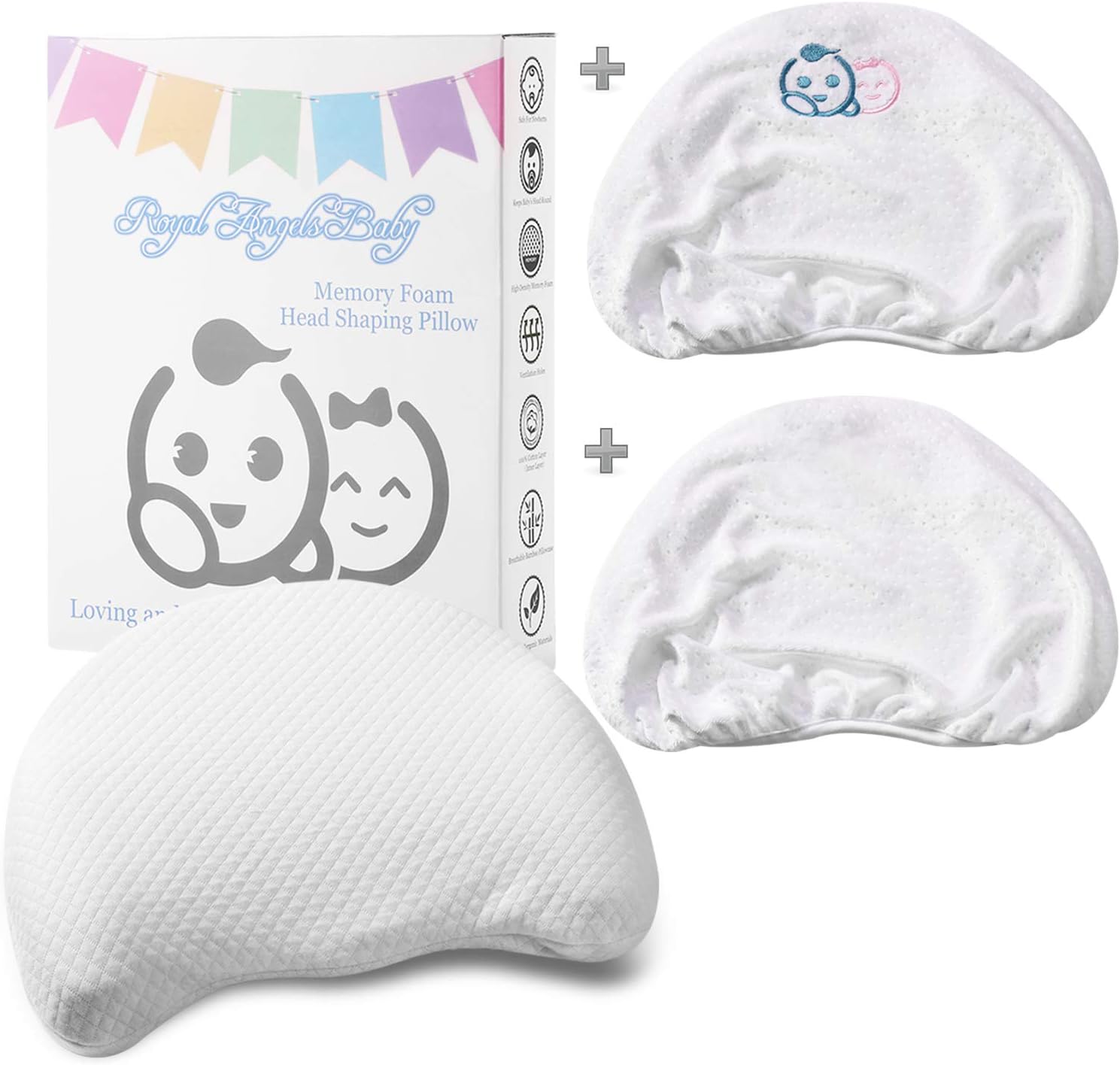 Baby Toddler Memory Foam Pillow | Baby Head Shaping Pillow | Flat Head Baby Pillow | Cotton Cover & 2 Bamboo Pillowcases | Keep Baby's Head Round | Crib Stroller Pillow
