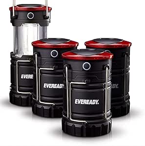 Eveready 360 LED Camping Lantern, IPX4 Water Resistant, Super Bright, 100 Hour Run-time, Battery Powered Outdoor LED Lantern, Black (4 Pack)