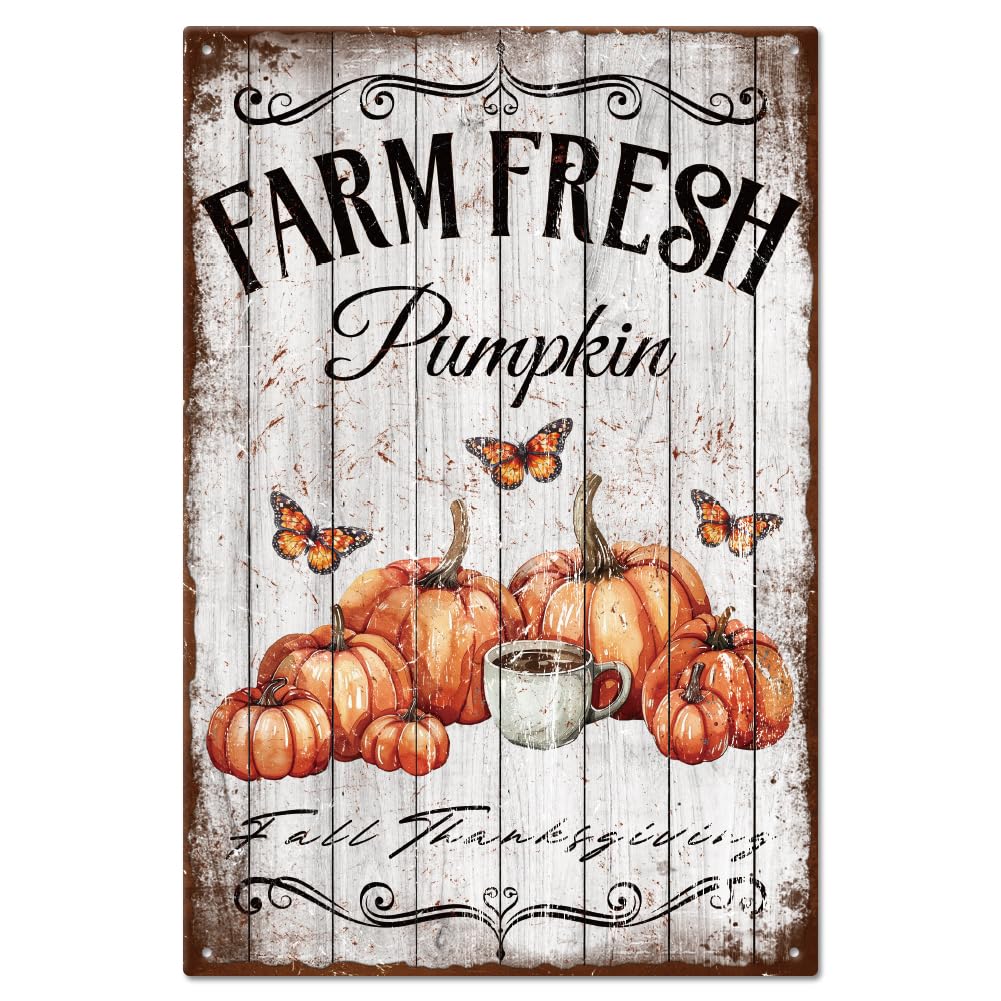 GLOBLELAND Fall Vintage Farm Fresh Metal Tin Sign 8×12inch Retro Pumpkin Butterfly Tin Room Door Sign Tin Painting Art Plaque Poster Wall Decor for Home Living Room Garden Decoration