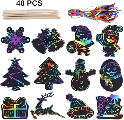 Decorazioni Natalizie Di Carta Per Bambini.Mycreator 48 Fogli Di Carta Da Grattare 12 Stili Decorazioni Natalizie Da Grattare Per Bambini Decorazioni Fai Da Te Per Albero Di Natale Con 24 Pennini In Legno 48 Nastri Di Raso