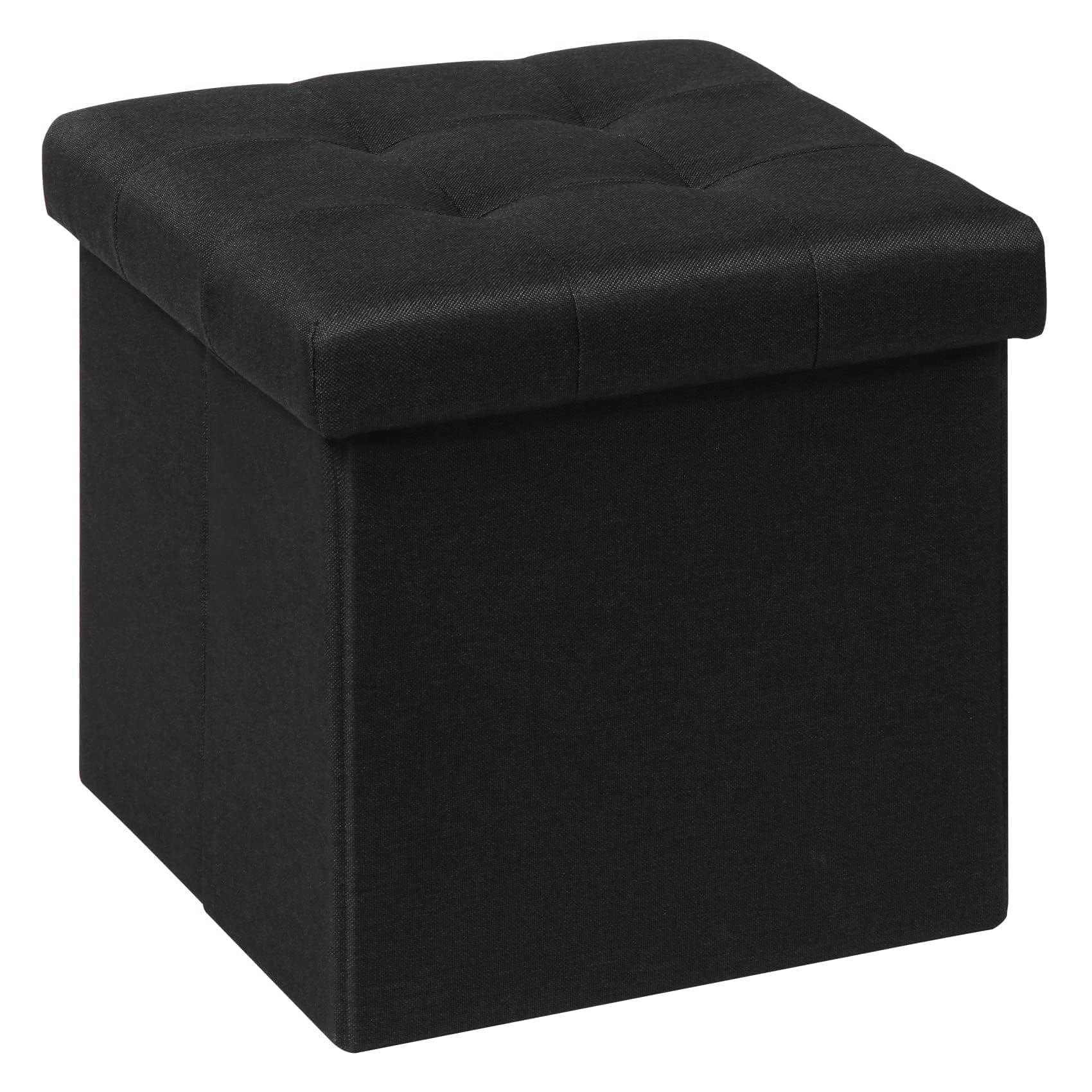 Bonlife Folding Ottoman Storage Box, Linen Black Cube Toy Chest with Lid, Multipurpose Footstool for Living Room, Bedroom & Nursery, 32x32x32cm, 120kg Capacity